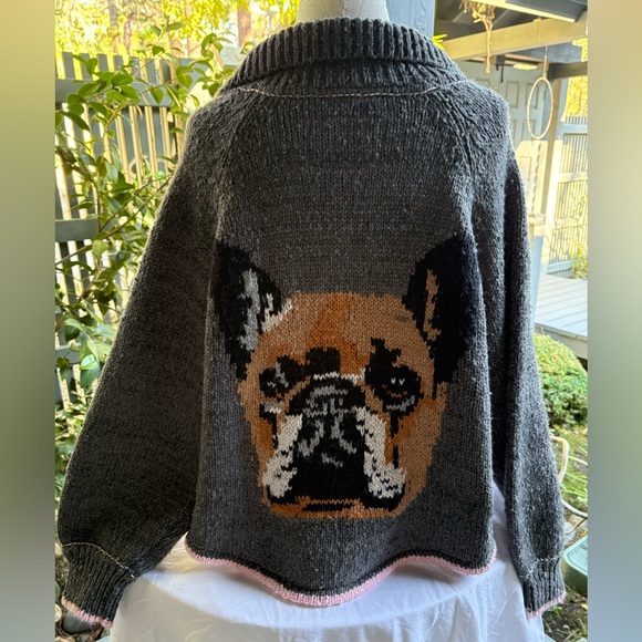 Pilcro Charcoal Gray Cardigan with Dog Intarsia and Pink Trim - Picture 13 of 13